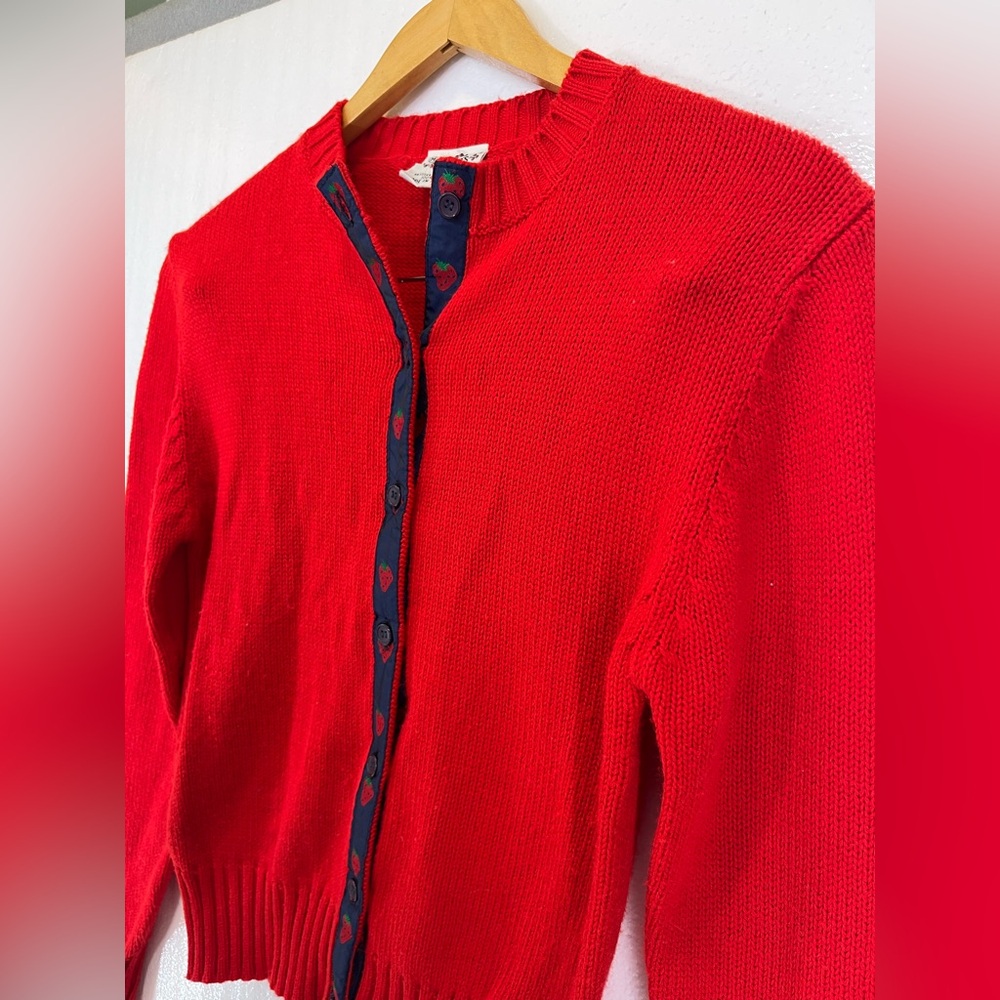 Vtg Currants by JeriJo Sweater Medium Red Cardigan Strawberry Retro 80s 90s